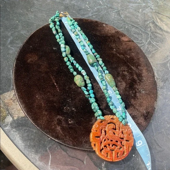 Handcrafted Turquoise and Orange Pendant Necklace - Picture 6 of 11